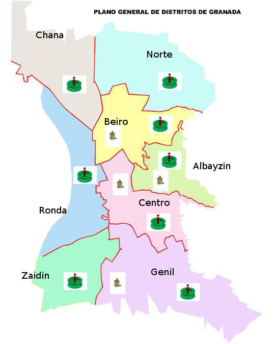 Plano de fuentes y pilares de Granada